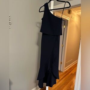 Aqua Midi Elegant Navy Blue One-Shoulder Dress